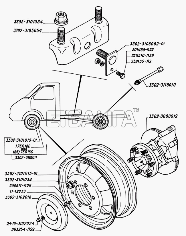 ГАЗ ГАЗ-3302 (2004) Схема Колеса колпаки колес шины ось передняя с