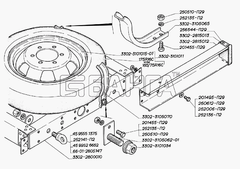 ГАЗ ГАЗ-3302 (2004) Схема Установка и крепление запасного колеса на