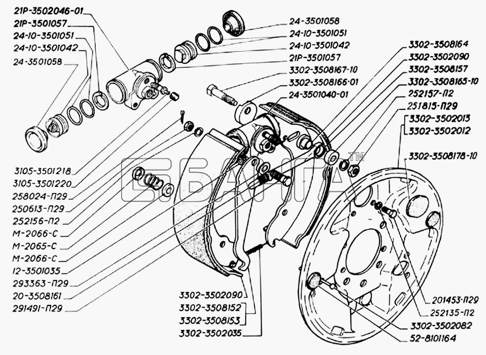 ГАЗ ГАЗ-3302 (2004) Схема Колесный цилиндр щит и колодки заднего