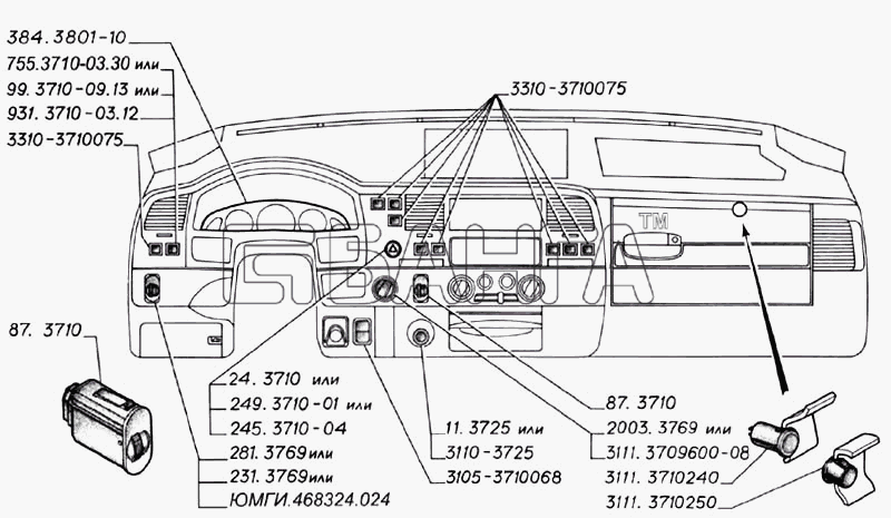 ГАЗ ГАЗ-3302 (2004) Схема Органы управления на панели приборов