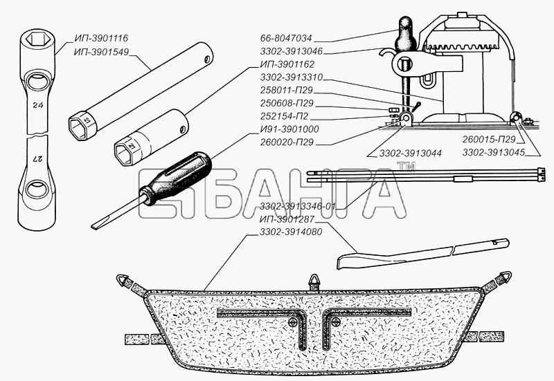 ГАЗ ГАЗ-3302 (2004) Схема Инструмент домкрат и принадлежности-157