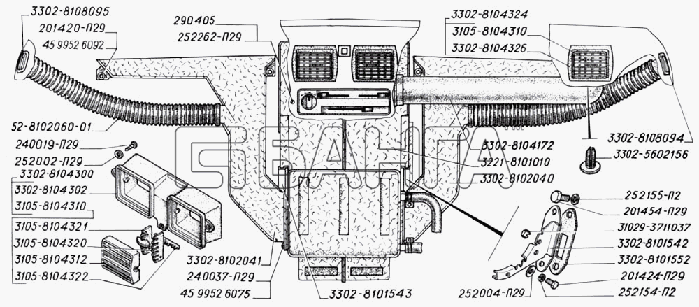 ГАЗ ГАЗ-3302 (2004) Схема Отопитель патрубки обогрева и вентиляции