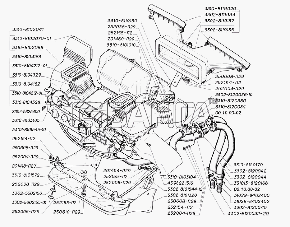 ГАЗ ГАЗ-3302 (2004) Схема Установка отопителя (для автомобилей выпуска
