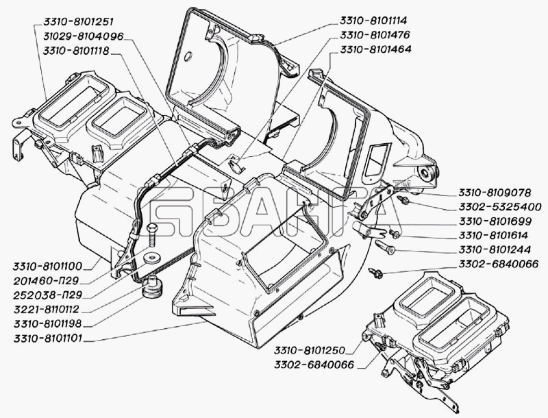 ГАЗ ГАЗ-3302 (2004) Схема Детали корпуса отопителя (для автомобилей