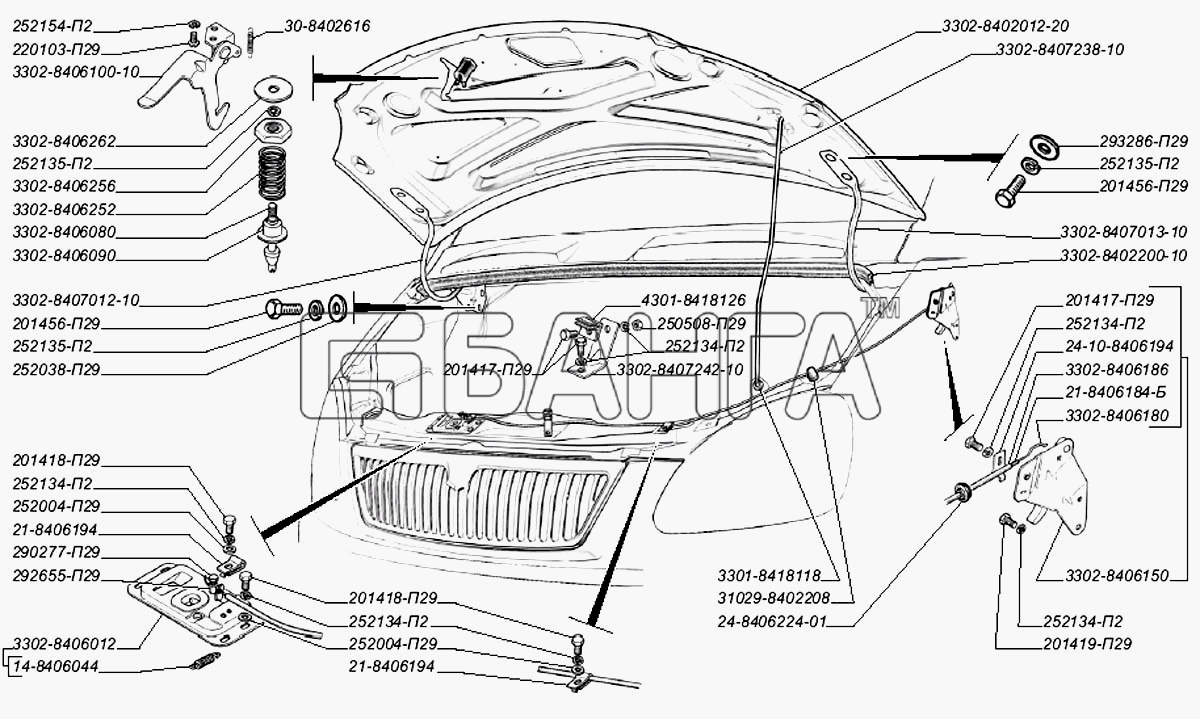 ГАЗ ГАЗ-3302 (2004) Схема Капот с арматурой замок капота и его привод