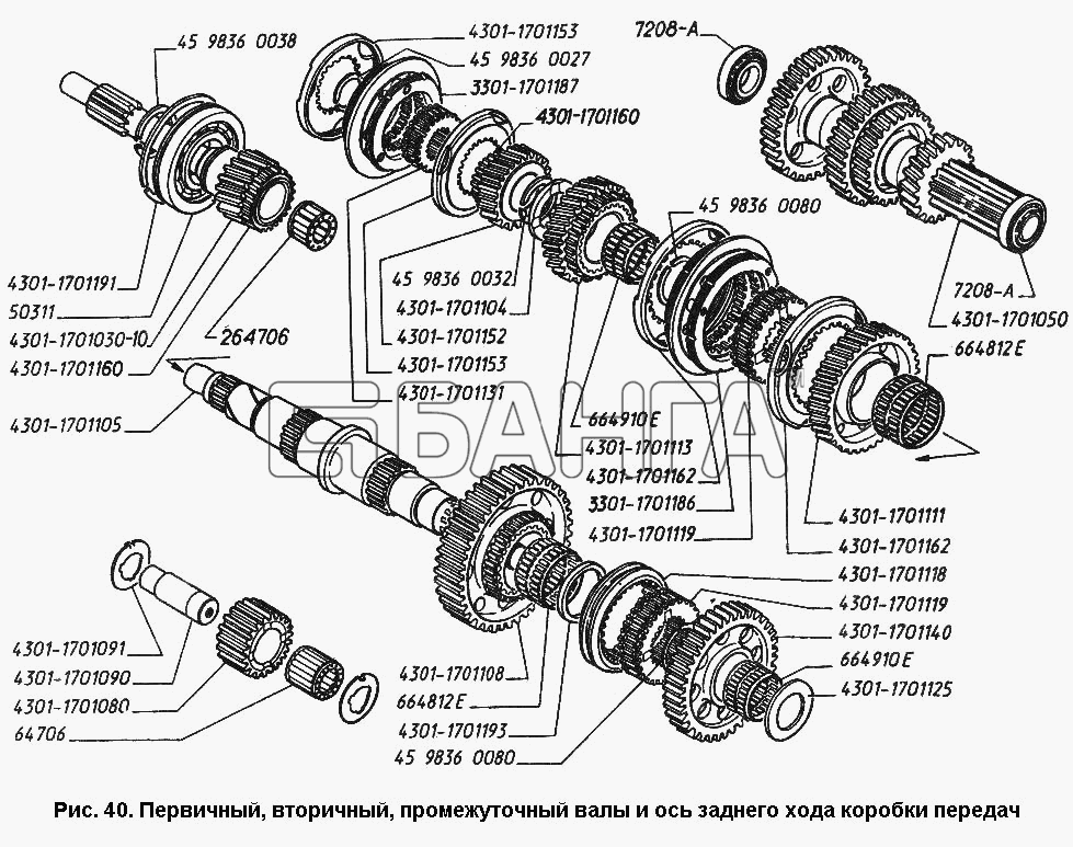 ГАЗ ГАЗ-3306 Схема Первичный вторичный промежуточный валы и ось