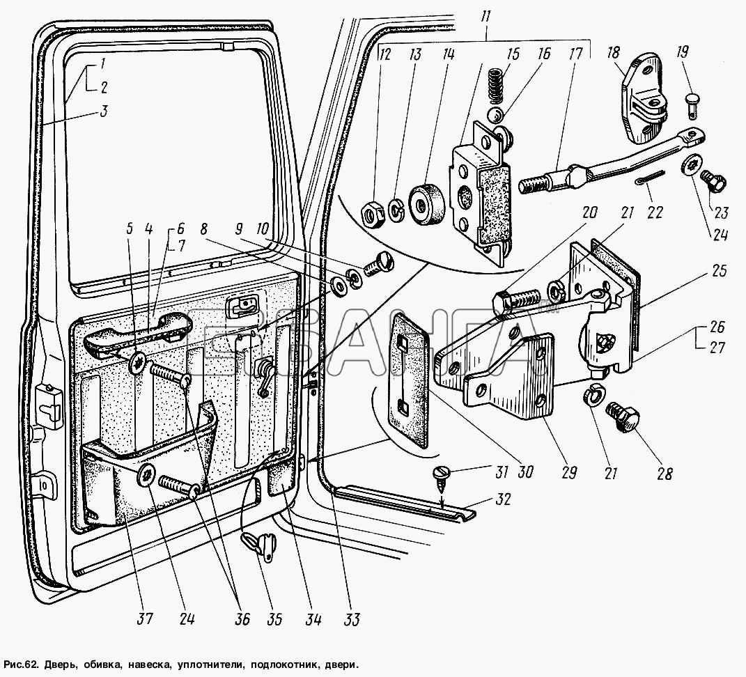 ГАЗ ГАЗ-3307 Схема Дверь обивка навеска уплотнители подлокотник