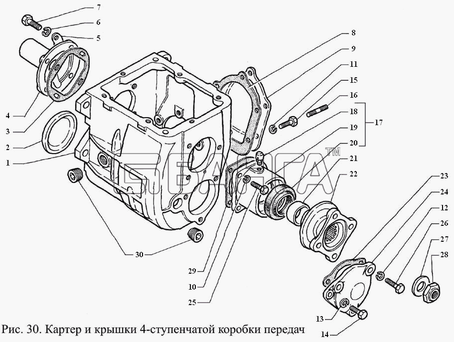 ГАЗ ГАЗ-3308 Схема Картер и крышки 4-ступенчатой коробки banga.ua