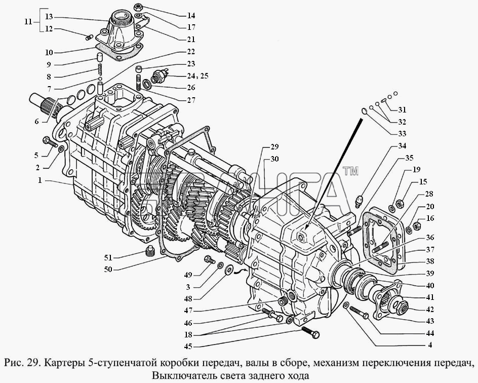 ГАЗ ГАЗ-3308 Схема Картеры 5-ступенчатой коробки передач валы в