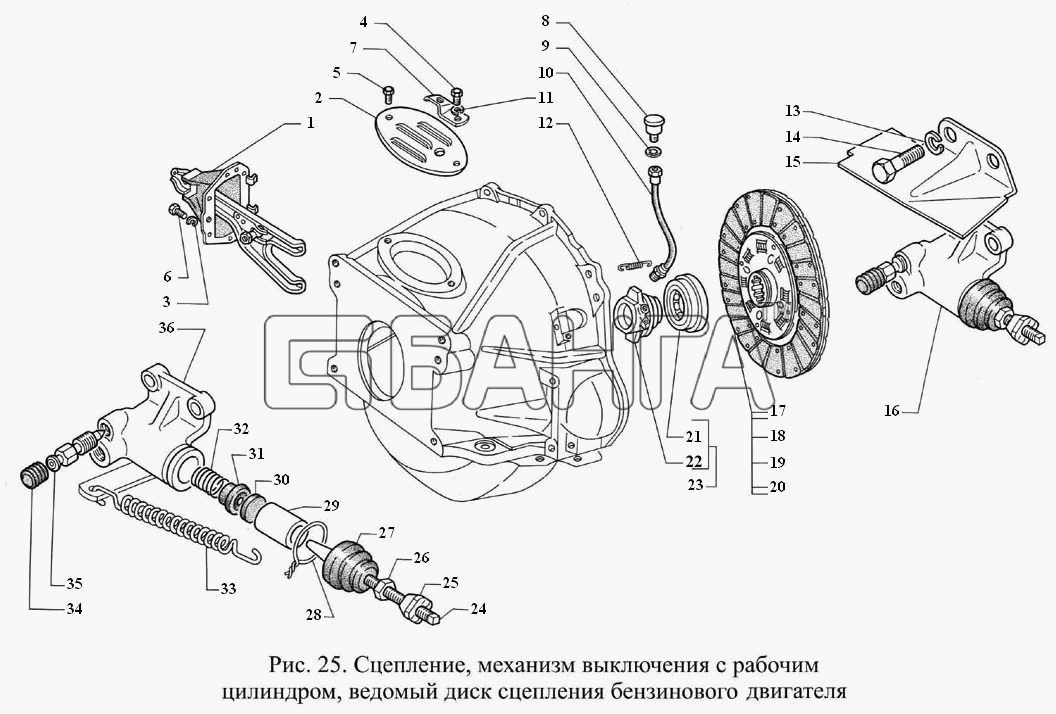 ГАЗ ГАЗ-3308 Схема Сцепление механизм выключения с рабочим banga.ua
