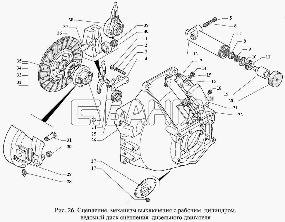 ГАЗ ГАЗ-3308 Схема Сцепление механизм выключения с рабочим banga.ua