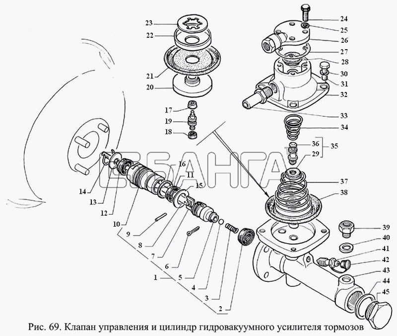 ГАЗ ГАЗ-3308 Схема Клапан управления и цилиндр гидровакуумного