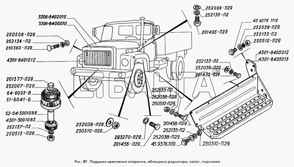 ГАЗ ГАЗ-3309 Схема Подушки крепления оперения облицовка banga.ua