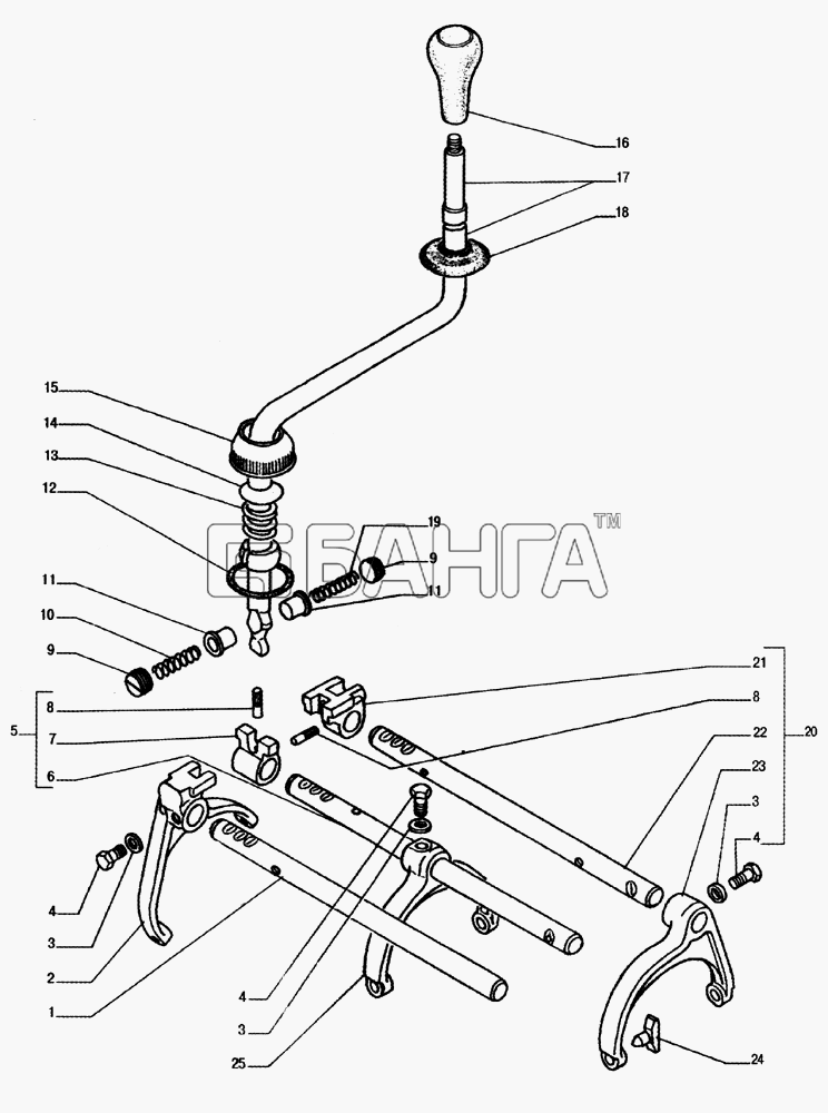 ГАЗ ГАЗ-33104 Валдай Схема Детали механизма переключения коробки