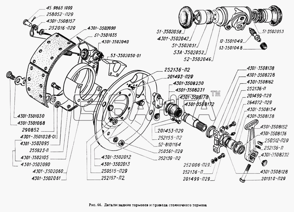ГАЗ ГАЗ-4301 Схема Детали задних тормозов и привода стояночного