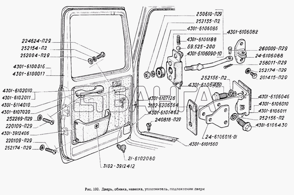 ГАЗ ГАЗ-4301 Схема Дверь обивка навеска уплотнитель подлокотник