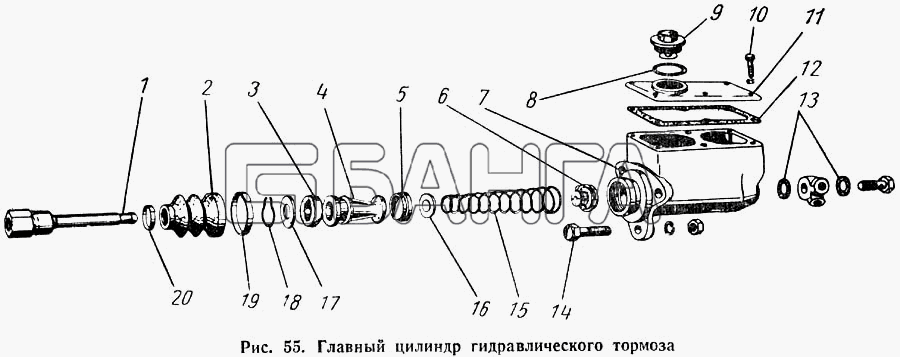 ГАЗ ГАЗ-52-01 Схема Главный цилиндр гидравлического тормоза-91