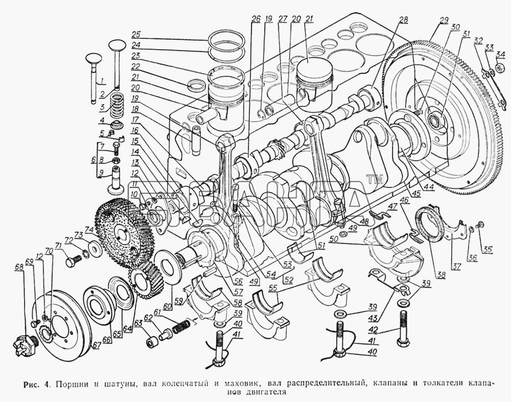 ГАЗ ГАЗ-52-02 Схема Поршни и шатуны вал коленчатый и маховик вал