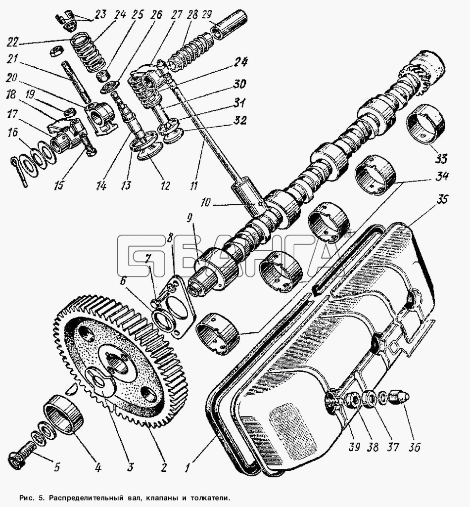 ГАЗ ГАЗ-53 А Схема Распределительный вал клапаны и толкатели-26