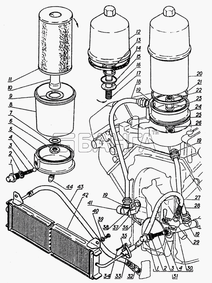 ГАЗ ГАЗ-5312 Схема Масляный радиатор и фильтр масляный-31 banga.ua