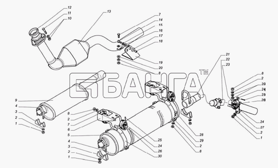 ГАЗ ГАЗ-560 Схема Глушитель резонатор трубы глушителя banga.ua