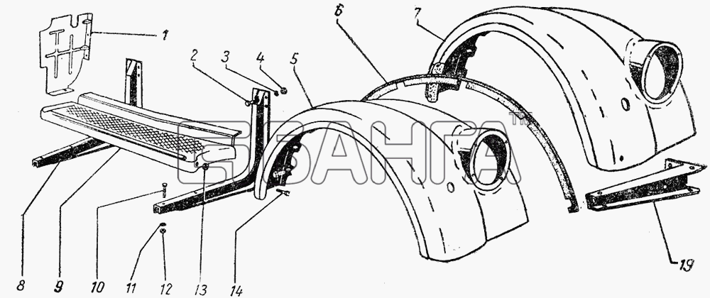 ГАЗ ГАЗ-51 (63 93) Схема Переднее крыло подножка-15 banga.ua