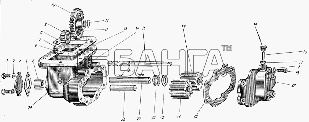 ГАЗ ГАЗ-51 (63 93) Схема Насос и коробка отбора мощности для banga.ua