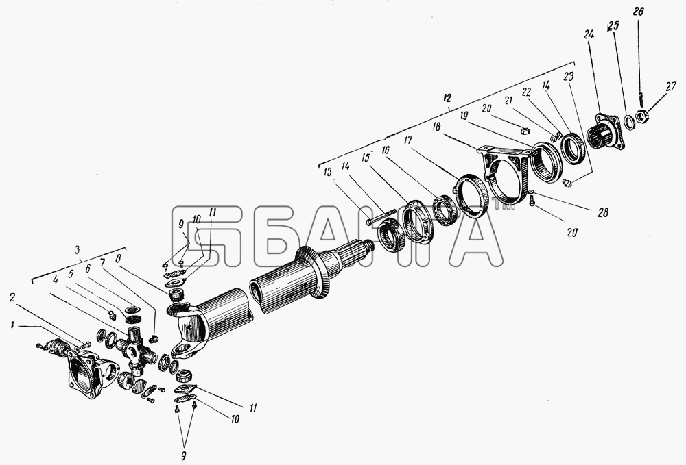 ГАЗ ГАЗ-51 (63 93) Схема Карданный вал промежуточный для ГАЗ-51А