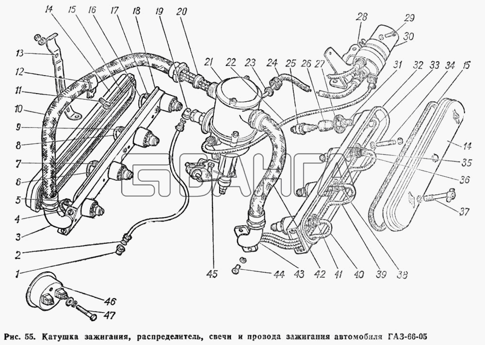 ГАЗ ГАЗ-66 (Каталог 1983 г.) Схема Катушка зажигания распределитель