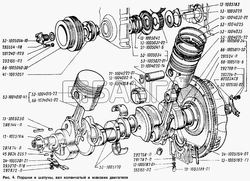 ГАЗ ГАЗ-66 (Каталог 1996 г.) Схема Поршни и шатуны вал коленчатый и