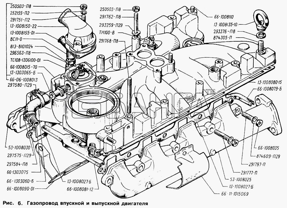 ГАЗ ГАЗ-66 (Каталог 1996 г.) Схема Газопровод впускной и выпускной