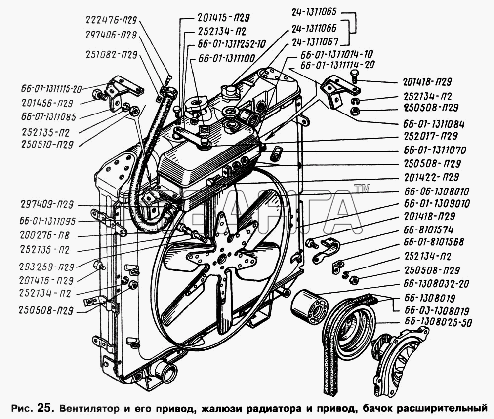 ГАЗ ГАЗ-66 (Каталог 1996 г.) Схема Вентилятор и его привод жалюзи