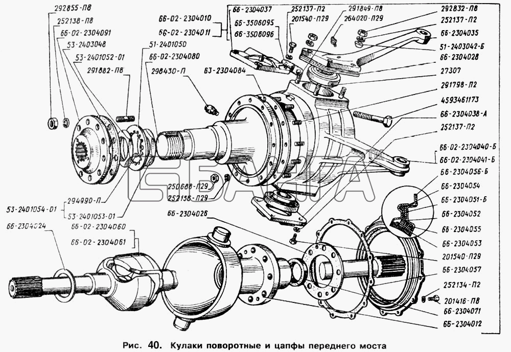 ГАЗ ГАЗ-66 (Каталог 1996 г.) Схема Кулаки поворотные и цапфы переднего