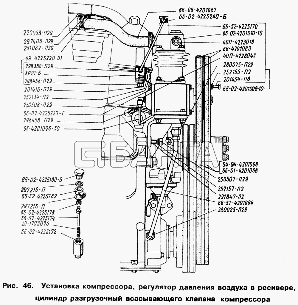 ГАЗ ГАЗ-66 (Каталог 1996 г.) Схема Установка компрессора регулятор
