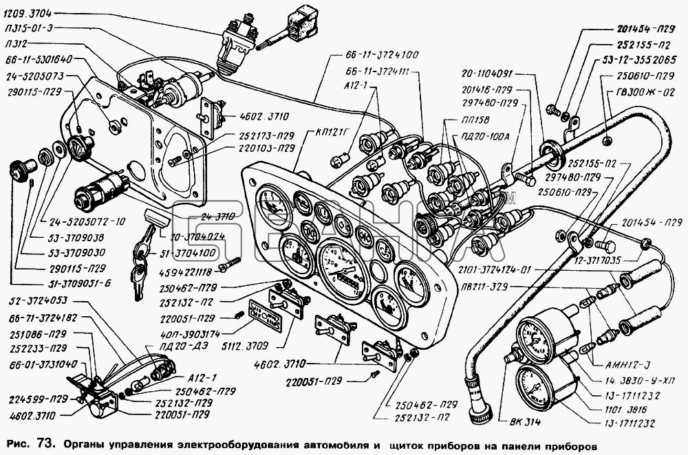 ГАЗ ГАЗ-66 (Каталог 1996 г.) Схема Щиток приборов на панели приборов