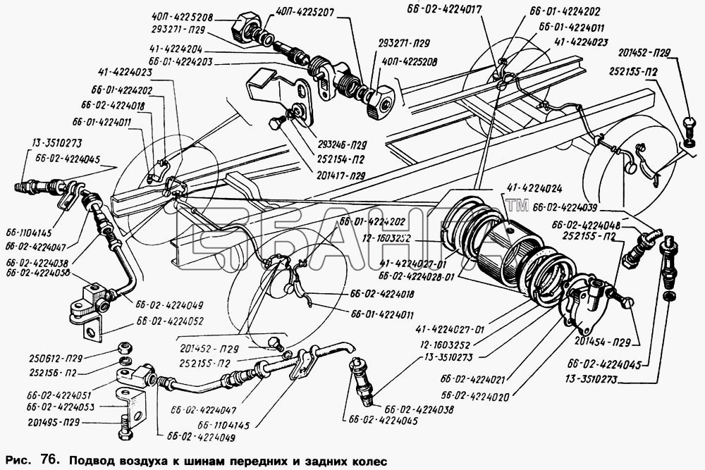 ГАЗ ГАЗ-66 (Каталог 1996 г.) Схема Подвод воздуха к шинам передних и