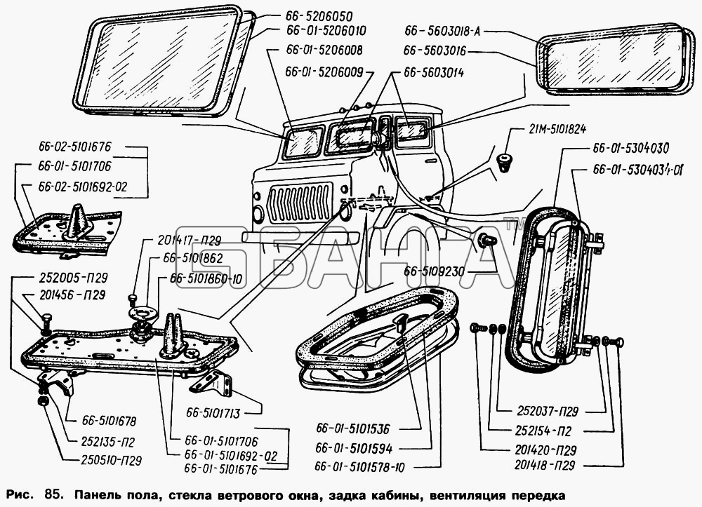 ГАЗ ГАЗ-66 (Каталог 1996 г.) Схема Панель пола стекла ветрового окна