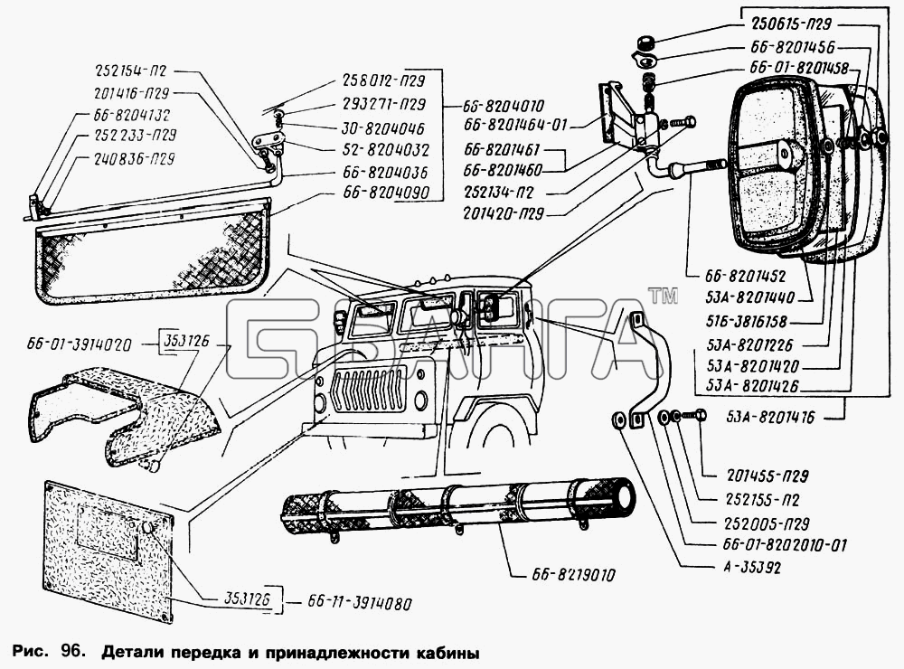 ГАЗ ГАЗ-66 (Каталог 1996 г.) Схема Детали передка и принадлежности