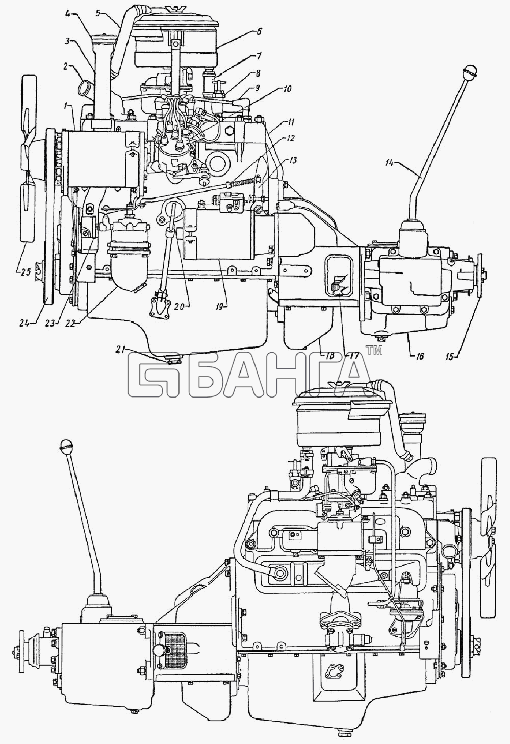 ГАЗ ГАЗ-69 Схема Двигатель сцепление и коробка передач в banga.ua