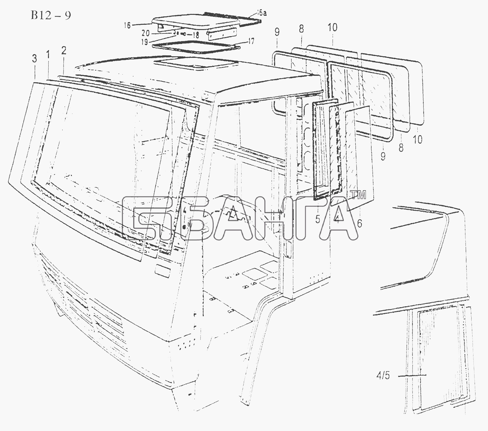 HOWO Sinotruk 6x4 Tractor (371) Схема GLASS AND ROOF FLAP (B12-9)-11