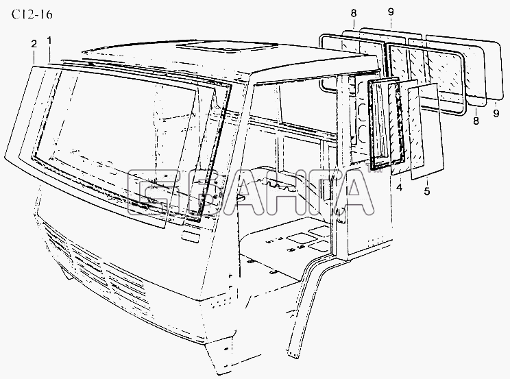 HOWO Sinotruk 4x2 Tractor (371) Схема WINDOW GLASS (C12-16)-58