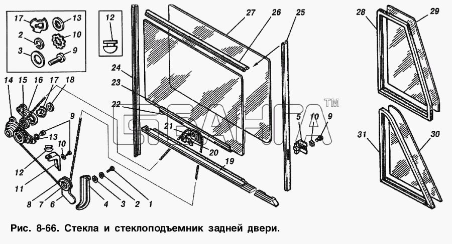 ИЖ ИЖ 2715 Схема Стекла и стеклоподъемник задней двери-28 banga.ua