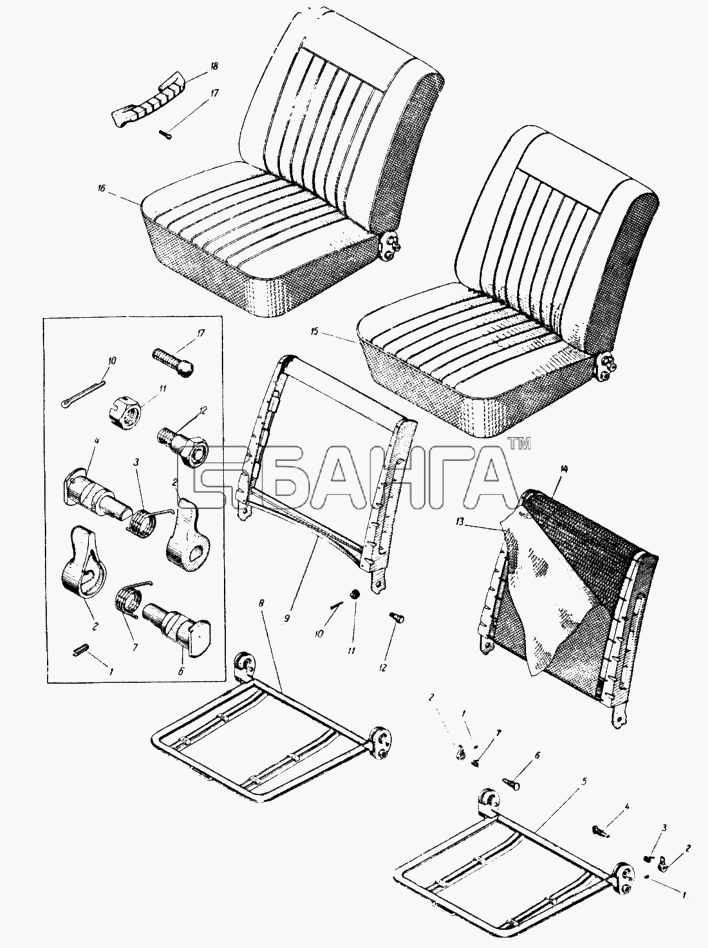 ИЖ ИЖ 434 Схема Передние сидения кузова и подлокотник-163 banga.ua