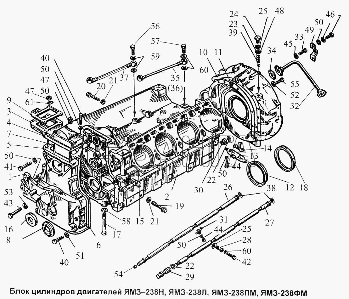 ЯМЗ Общий (см. мод-ции) Схема Блок цилиндров двигателей ЯМЗ-238Н