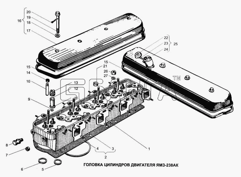 ЯМЗ ЯМЗ-236 ДК и ЯМЗ 238 АК Схема Головка цилиндров двигателя