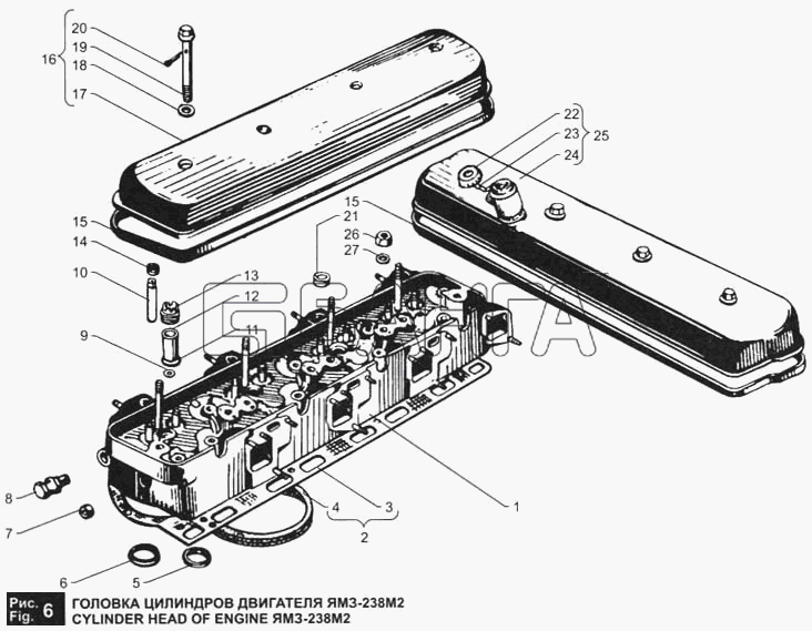 ЯМЗ ЯМЗ-236 М2 и 238 М2 Схема Головка цилиндров двигателя ЯМЗ-238М2-8