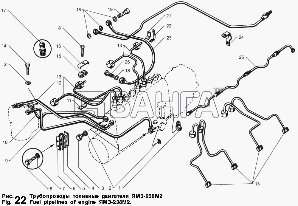 ЯМЗ ЯМЗ-236 М2 и 238 М2 Схема Трубопроводы топливные двигателя