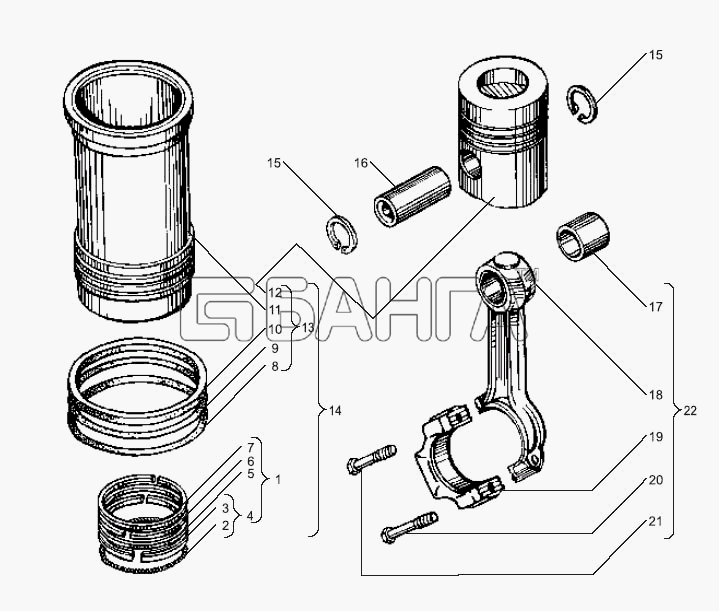 ЯМЗ ЯМЗ-238БЕ Схема Поршень и шатун двигателей ЯМЗ-238БЕ banga.ua