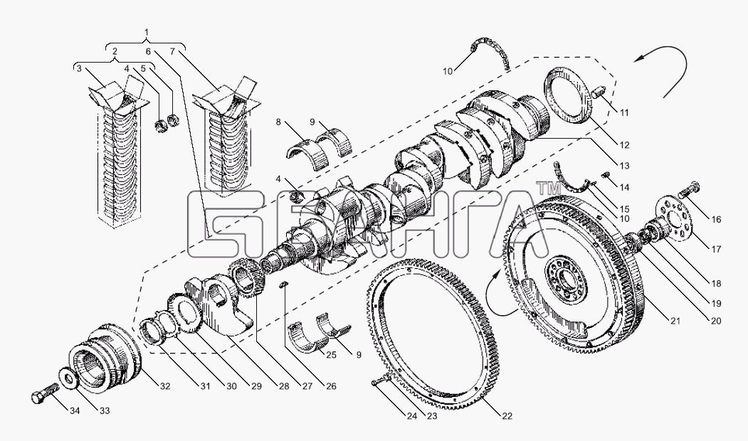 ЯМЗ ЯМЗ-238БЕ Схема Вал коленчатый и маховик двигателей banga.ua