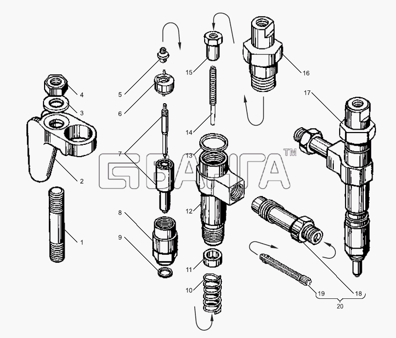 ЯМЗ ЯМЗ-238БЕ Схема Форсунка двигателей с общими головками banga.ua